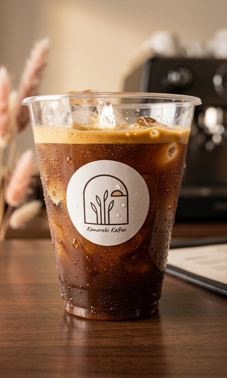 Komorebi Kaffee classic cold coffee in a clear cup with the brand sticker, condensation on the cup, espresso machine and dried pampas in the warm background