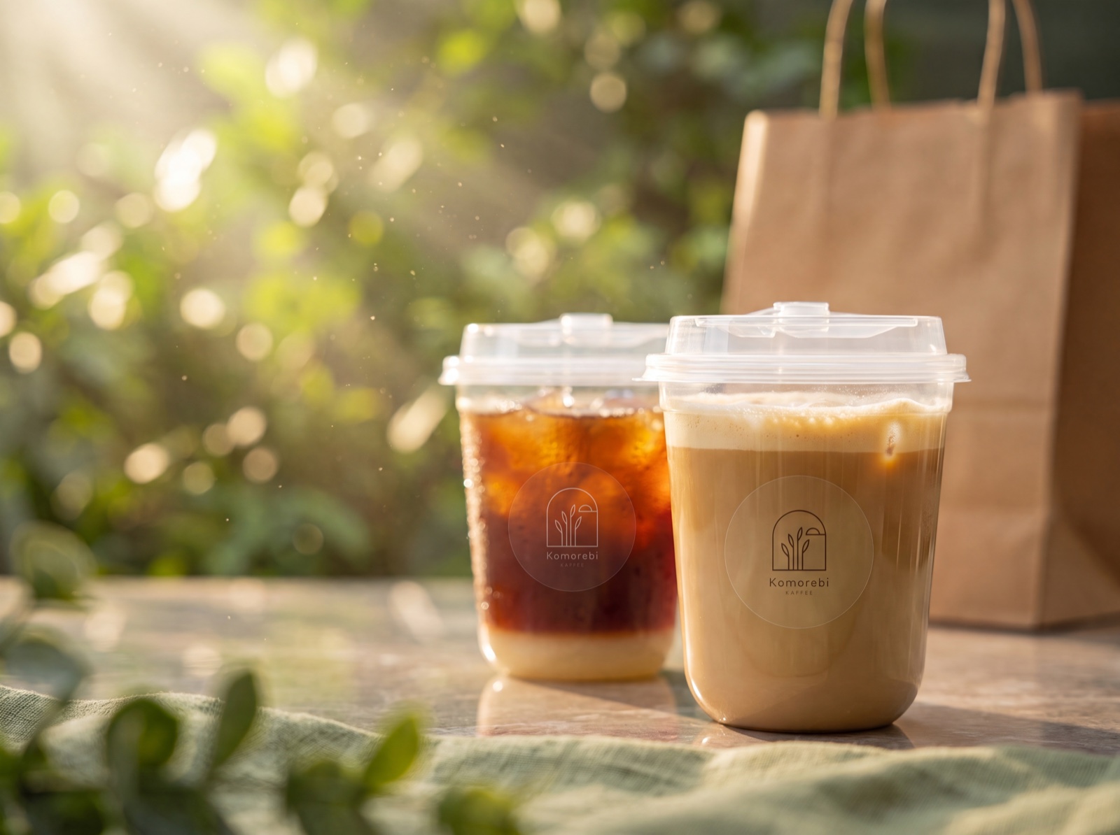 Two Komorebi iced coffees — an iced latte and a cold brew — with a kraft delivery bag in warm dappled morning light