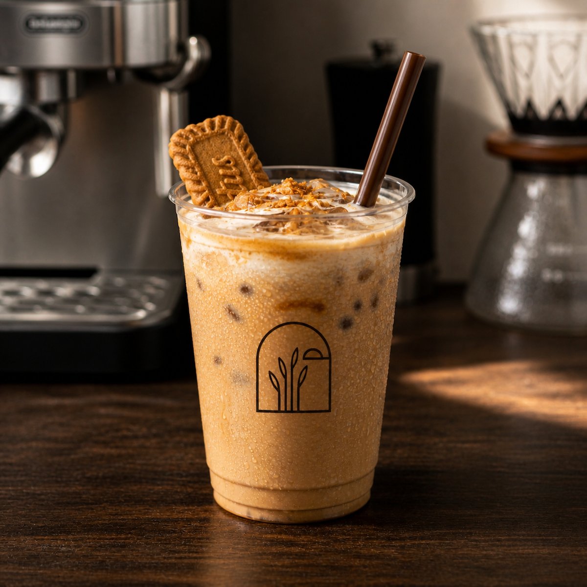 Biscoff cold coffee crowned with a Lotus Biscoff cookie and caramelised crumble, in a Komorebi cup