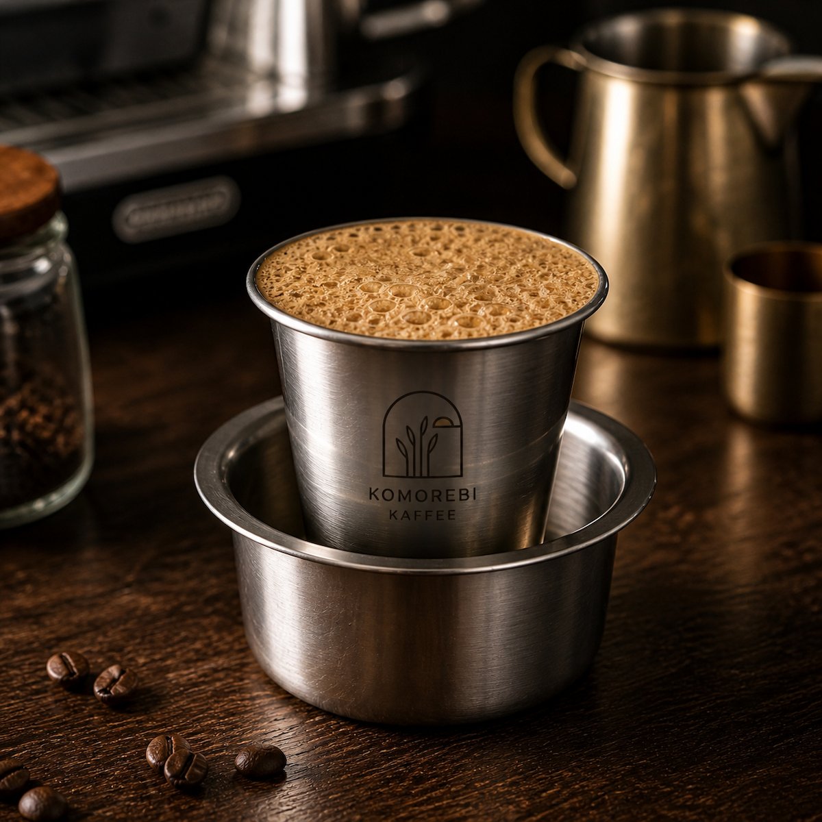 South Indian filter coffee in a stainless steel davara, frothy crema on top, Komorebi Kaffee crest etched on the cup