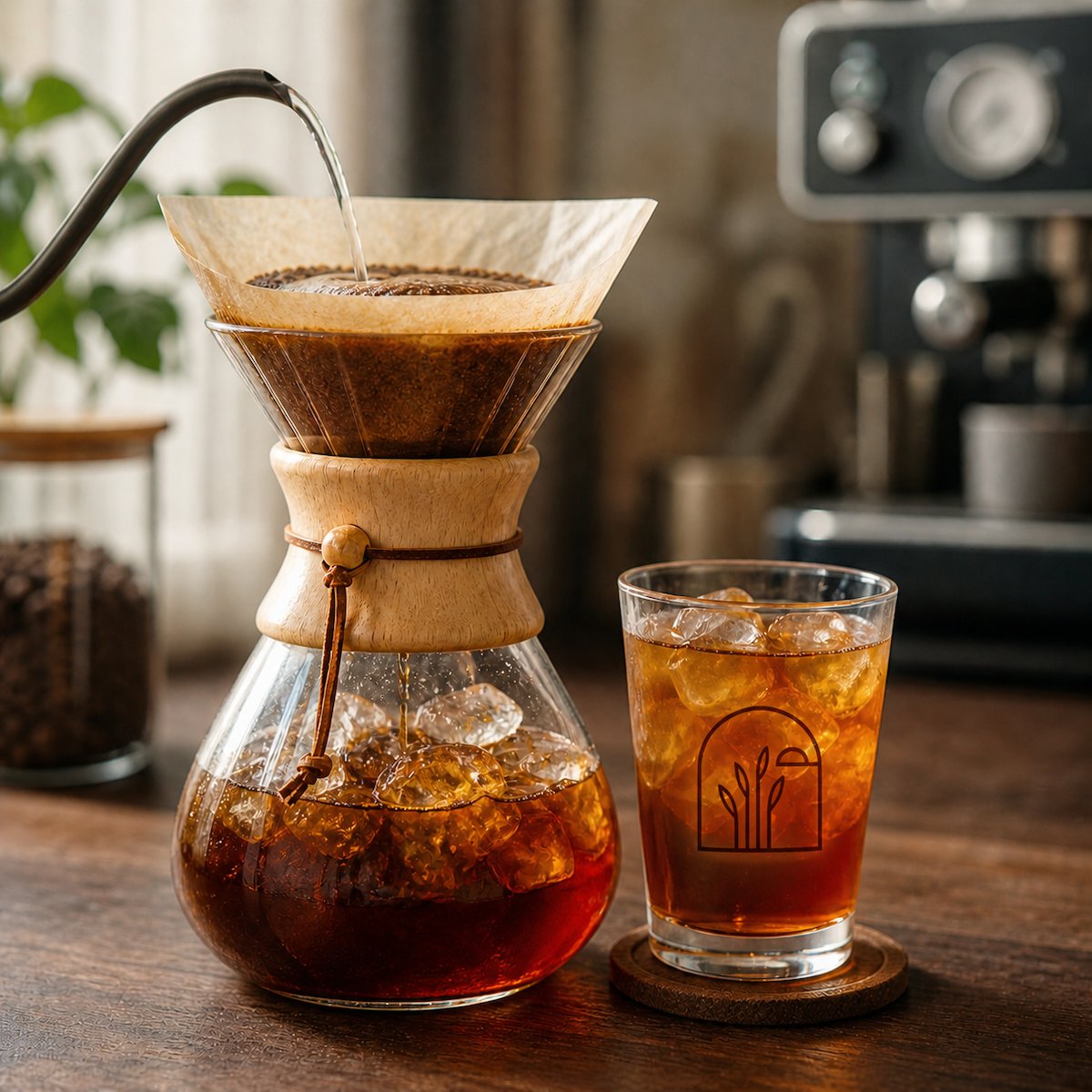 Iced pour over coffee — a chemex hand-brew dripping over a glass of ice with the Komorebi crest, fresh grounds and warm light in the background