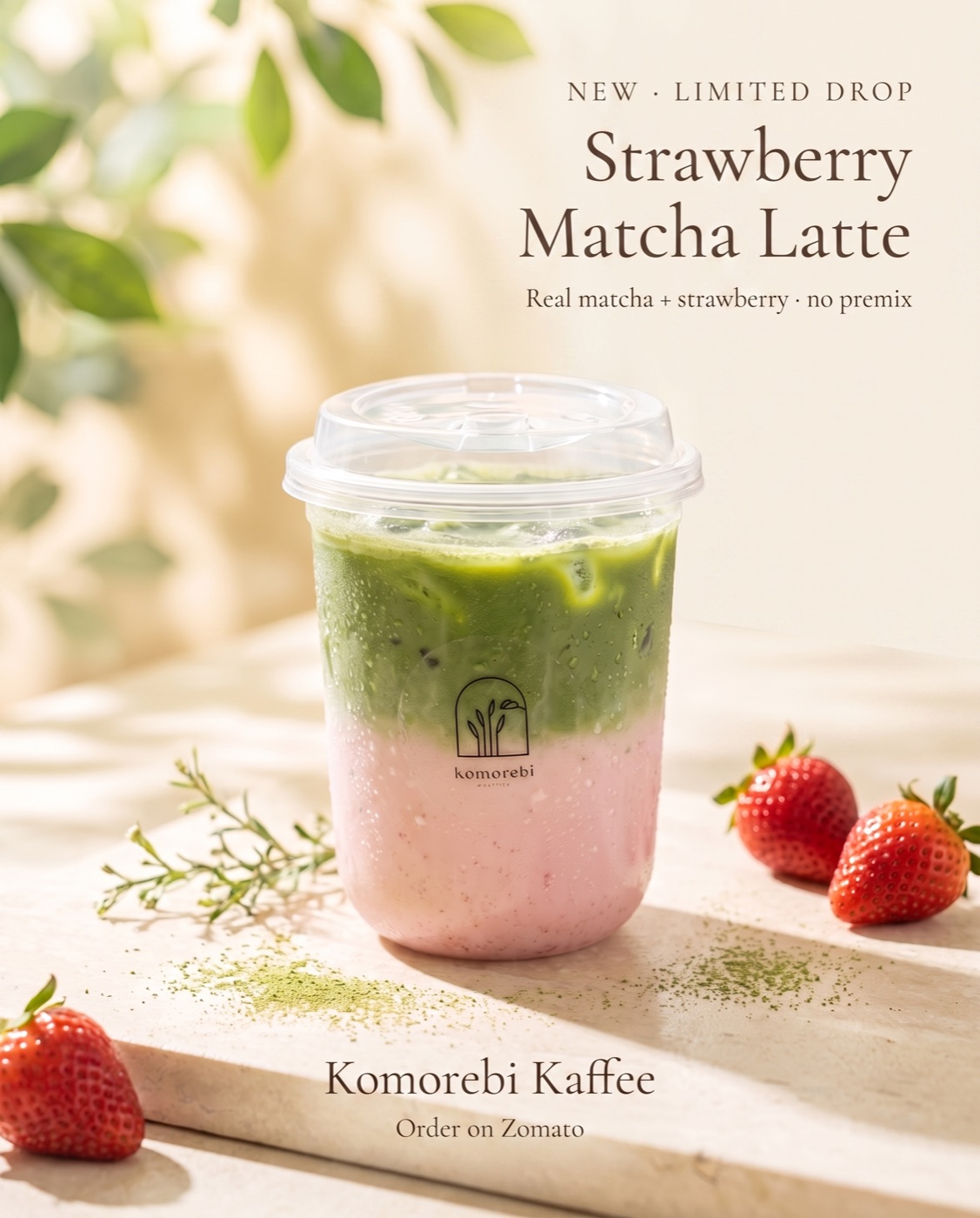 Strawberry matcha latte — layers of green ceremonial matcha over pink strawberry milk