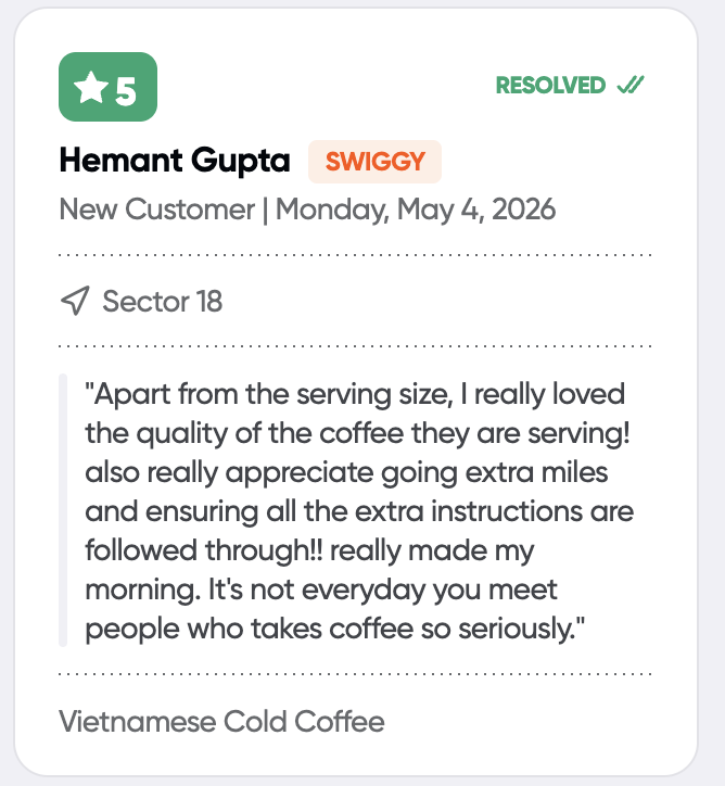 Customer review by Hemant Gupta about Vietnamese Cold Coffee, 5 stars on Swiggy