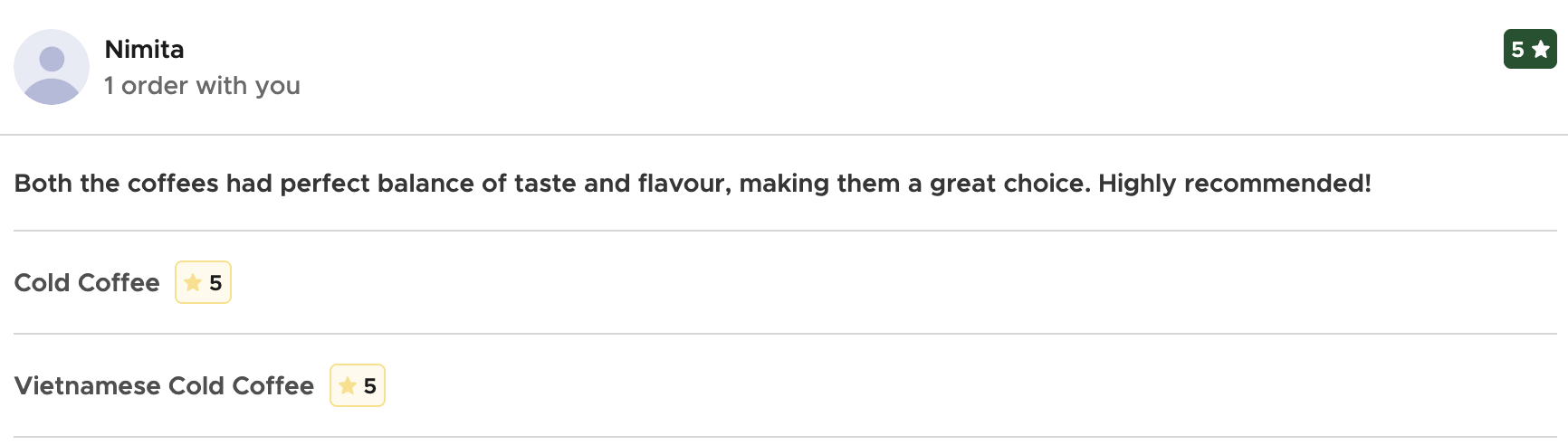 Customer review by Nimita about Cold and Vietnamese coffee, 5 stars on Zomato