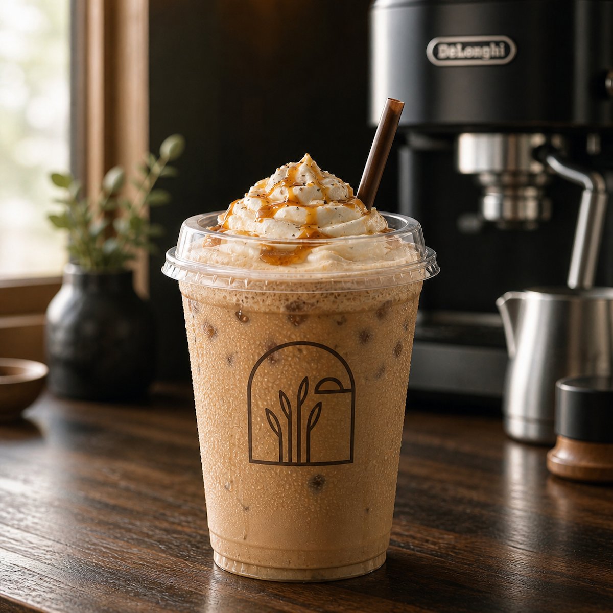 Salted caramel cream brew in a stemless glass with whipped cream and cinnamon dust, soft window light at Komorebi Kaffee Noida